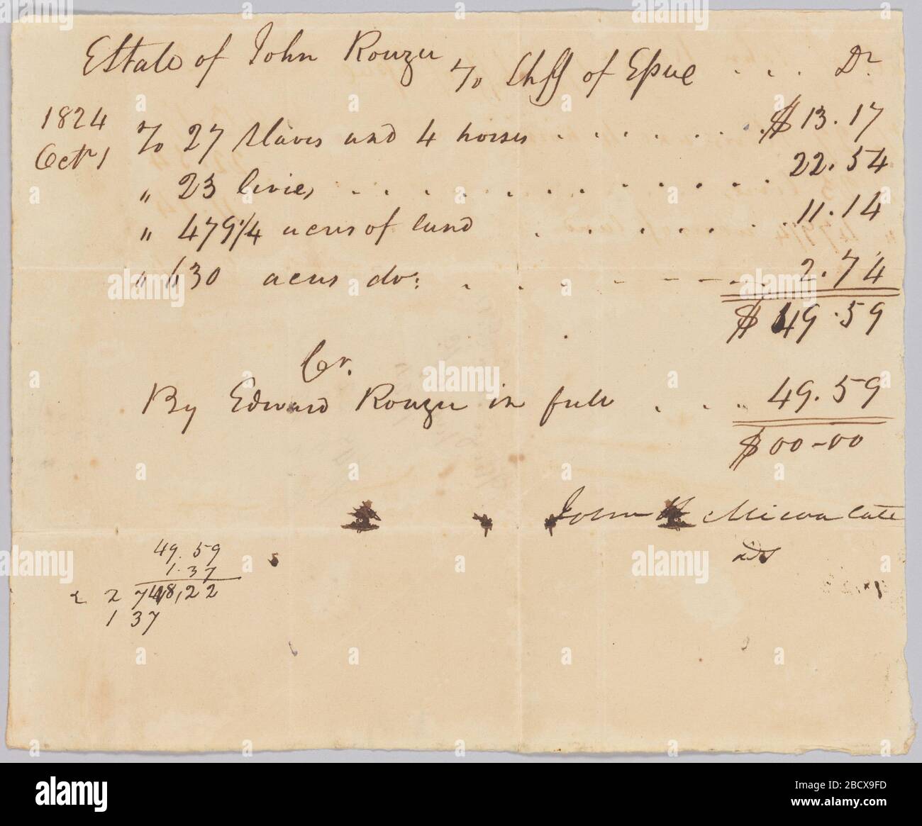Record of taxes on property including enslaved persons owned by John Rouzee. This document is from a collection of financial papers related to the plantation operations of several generations of the Rouzee Family in Essex County, Virginia. Record of taxes on property including enslaved persons owned by John Rouzee Stock Photo