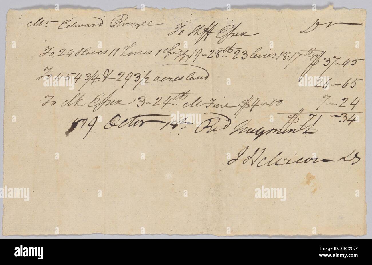 Account of taxable property including enslaved persons owned by Edward Rouzee. This document is from a collection of financial papers related to the plantation operations of several generations of the Rouzee Family in Essex County, Virginia. Account of taxable property including enslaved persons owned by Edward Rouzee Stock Photo