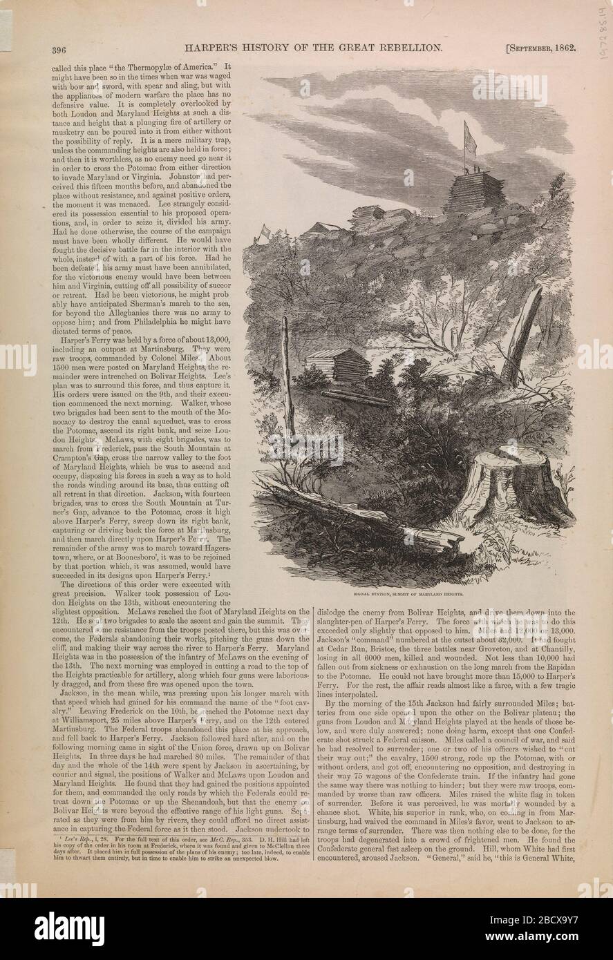 Signal Station Summit of Maryland Heights from Harpers History of the Great Rebellion. Stock Photo