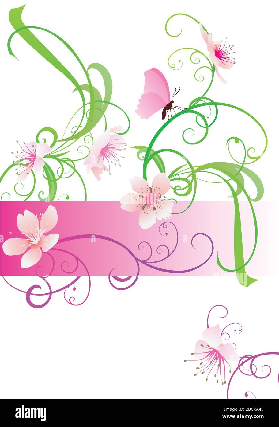 pink flowers and butterfly template isolated on white Stock Vector ...