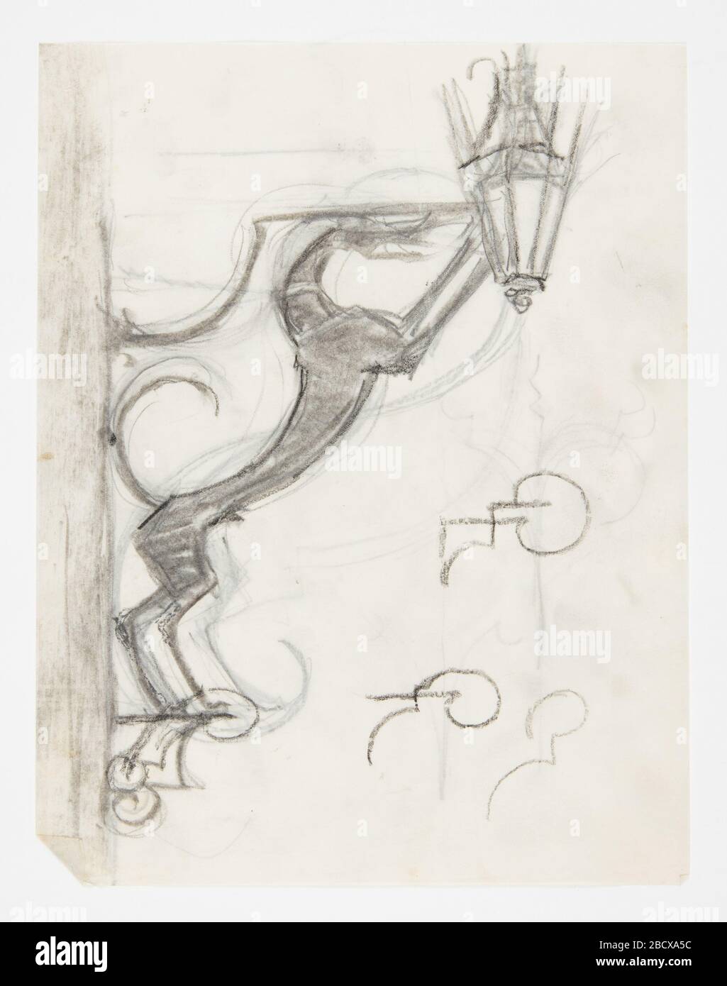 Design for Sconce Hound. Design for a wall-mounted sconce intended to be executed in metal. Figure of a hound with curling tail forms the armature, the glass lantern at the tips of its outstretched arms. At lower right, sketchy ornamental details. Design for Sconce Hound Stock Photo