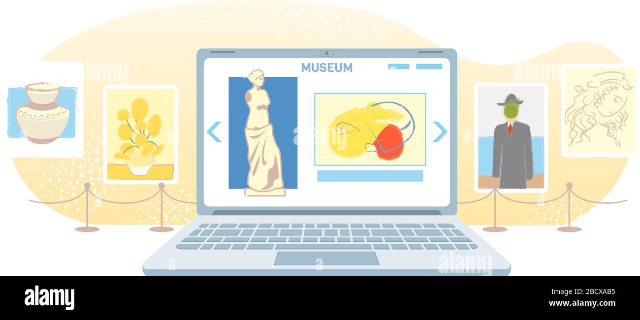 Online art gallery banner. Virtual museum in modern laptop isolated on white background. Online exhibition Tours, Internet technology. Home leisure on mobile devices. Web tourism Vector concept. Stock Vector