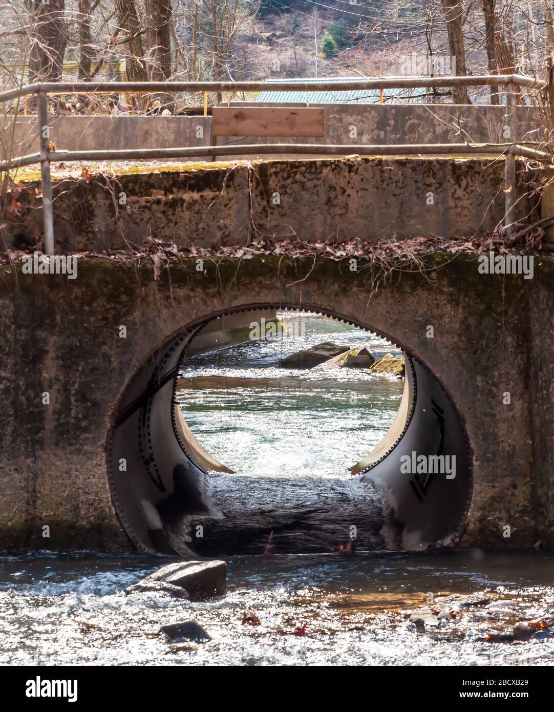 A drainage pipe under a road with Thompson Run, a natural stream