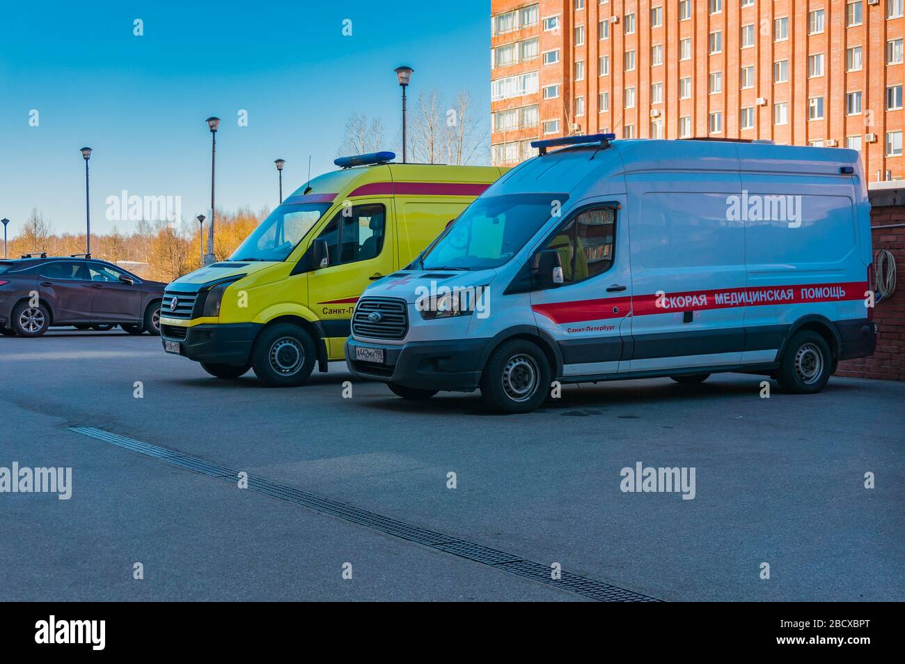 St. Petersburg, Russia - 03.30.2020: ambulances at the hospital. Increased willingness to travel for first aid to the patient and transportation to th Stock Photo