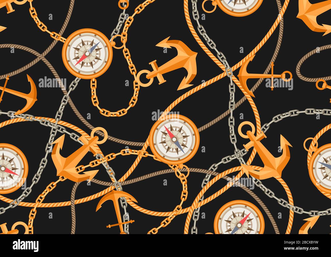 Nautical seamless pattern with sailing items, ropes and chains. Stock Vector