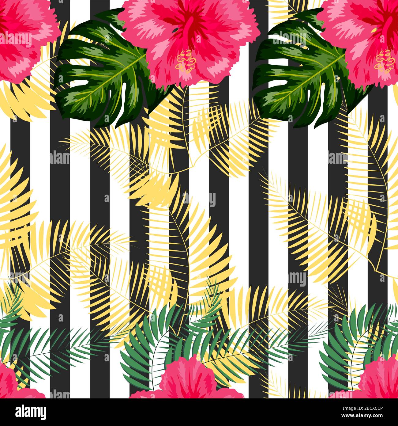 tropical illustration monstera plants leaves flowers hibiscus seamless ...