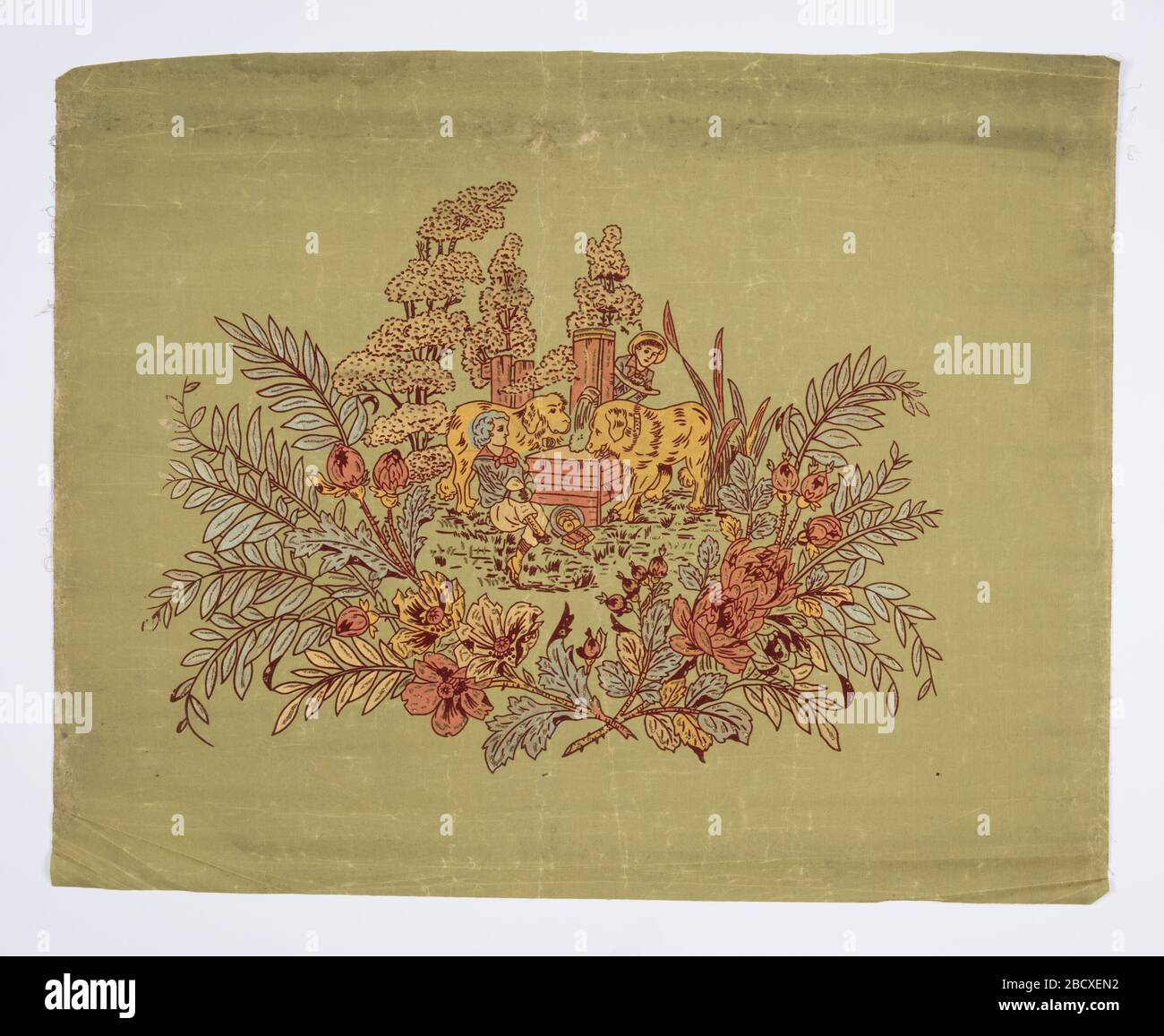 Window shade. Research in ProgressTwo boys and two large dogs at watering trough. Surrounded by foliage. Printed in metallic colors and burgundy flock on light green fabric support. Flitter shade with applied gold mica flakes. Window shade Stock Photo