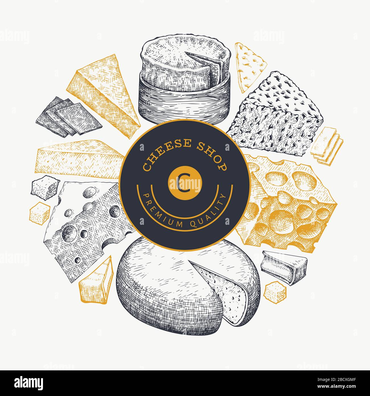 Cheese design template. Hand drawn vector dairy illustration. Engraved ...