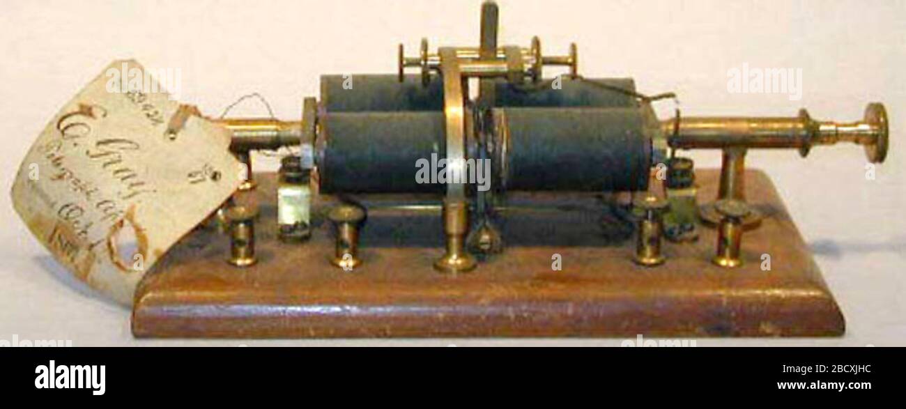 Gray telegraph relay patent model. Telegraph relays amplified electrical signals in a telegraph line. Telegraph messages traveled as a series of electrical pulses through a wire from a transmitter to a receiver. Short pulses made a dot, slightly longer pulses a dash. NMAH2000-07329 Stock Photo