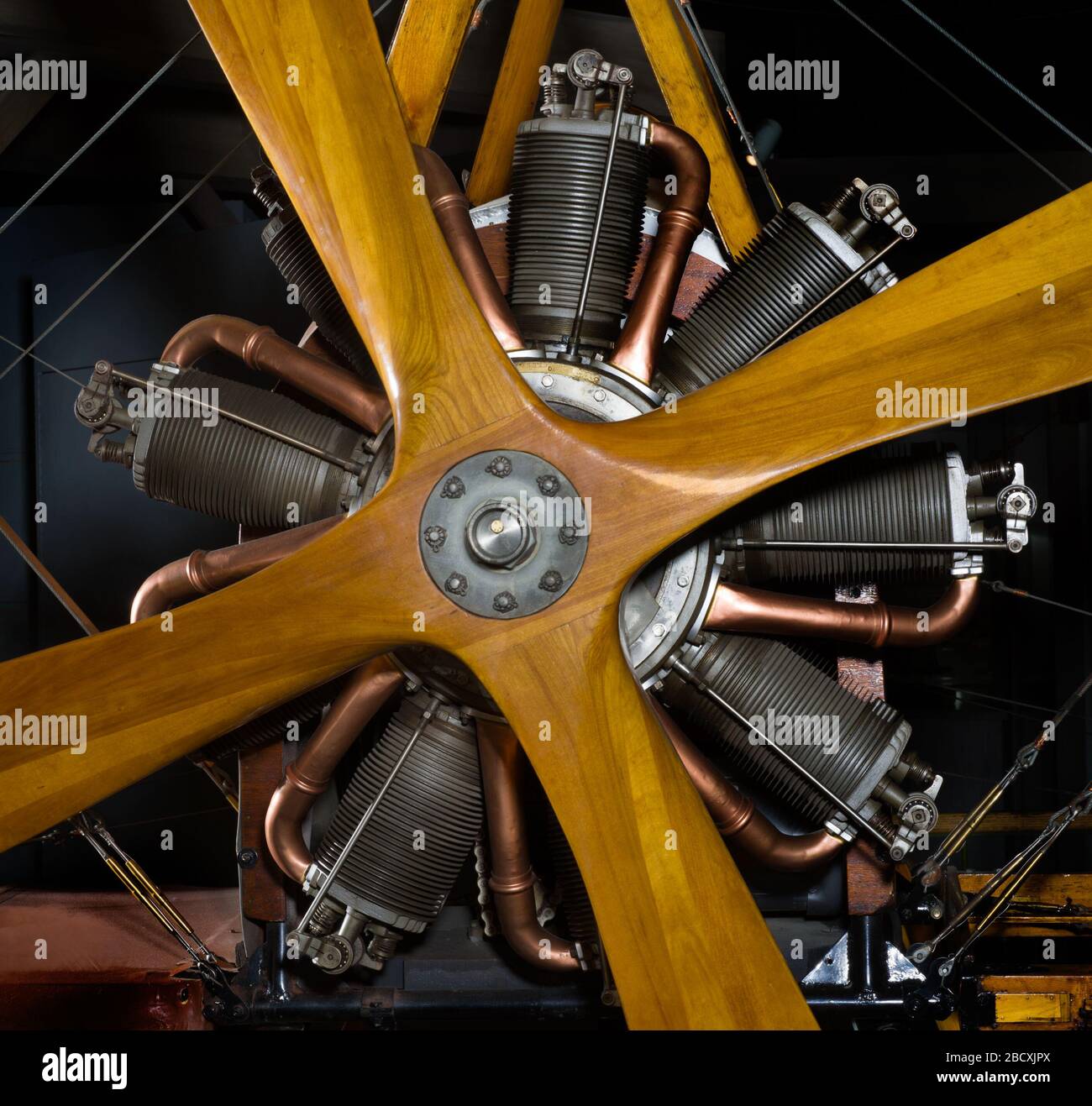 Le Rhone Model C 9 Cylinder Rotary Engine Cutaway. Type: Rotary, 9 cylinders, air-cooledPower rating: 60 kw (80hp) at 1,200rpmDisplacement: 10.9 L (664.29 cu. in.)Bore and Stroke: 105 mm (4.13 in) x 140 mm (5.51 in)Weight: 115 kg (253 lb)Societe des Moteurs Le Rhone of Paris began manufacturing air cooled rotary engines in 1910. NASM2018-10459 Stock Photo