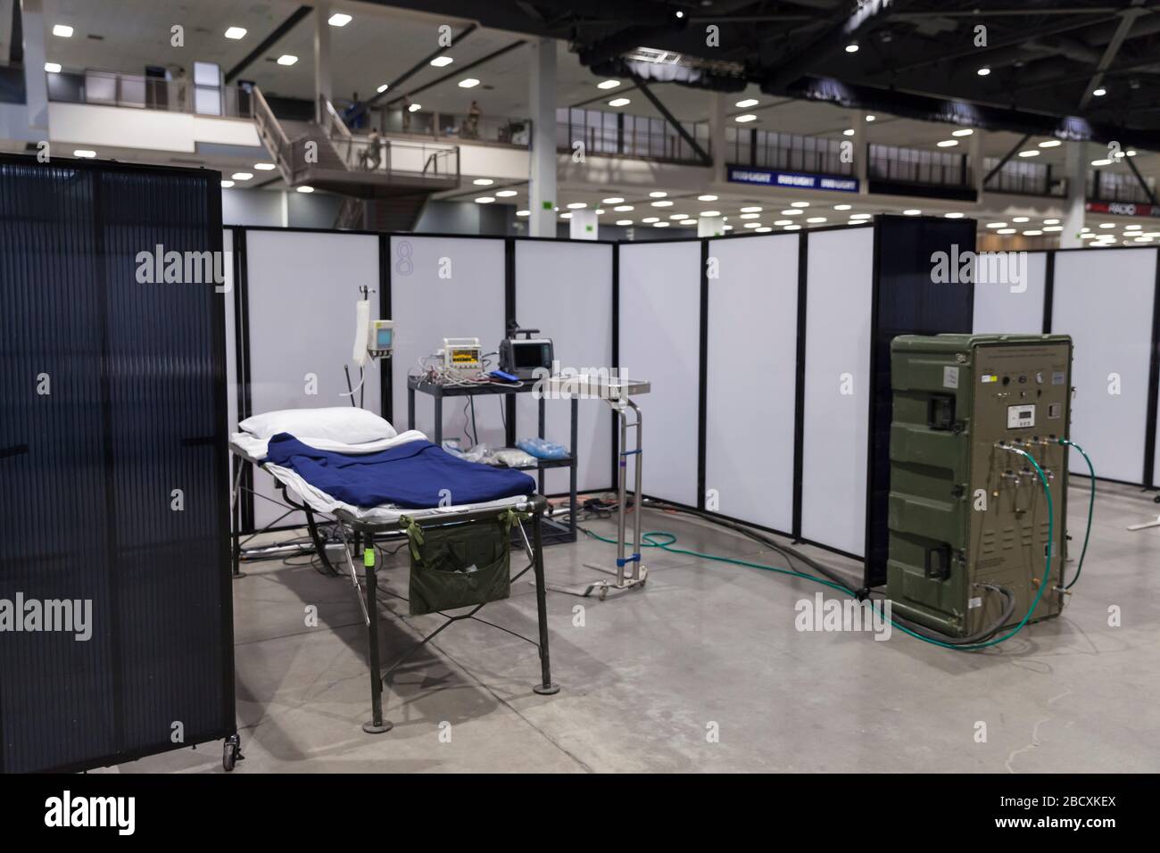 An intensive care unit is ready to recieve patients at the field hospital in CenturyLink Field Event Center in Seattle on April 5, 2020. The mobile army surgical hospital, currently for non-COVID-19 cases, involves military medical personnel from multiple units, including the Soldiers from the 627th Hospital Center's 10th Field Hospital at Fort Carson, Colorado, the 62nd Medical Brigade from Joint Base Lewis-McChord, Washington and others. Officials said that he hospital is now ready to accept patients. Stock Photo
