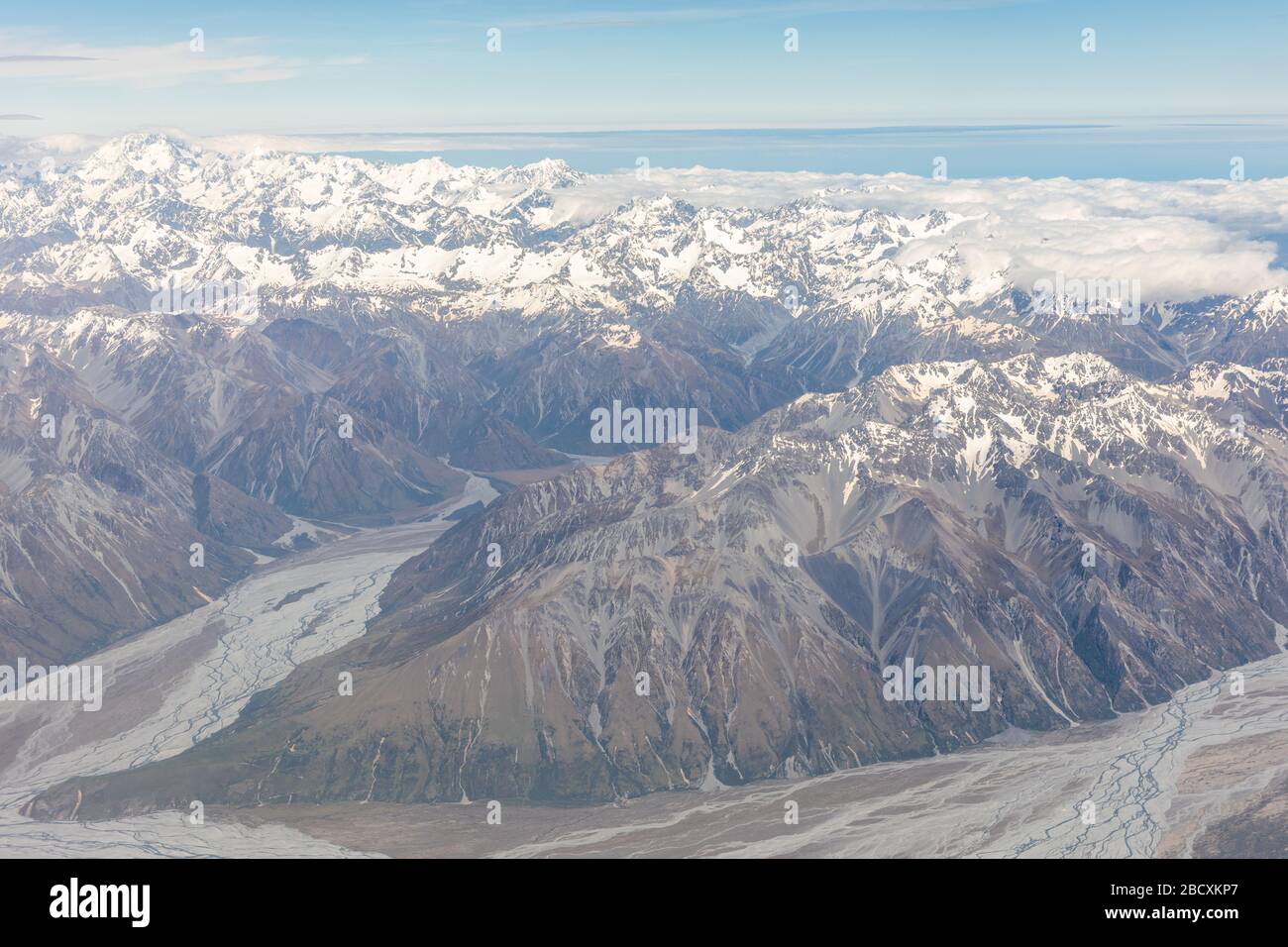 Aerial view of the Southern Alps of New Zealand Stock Photo
