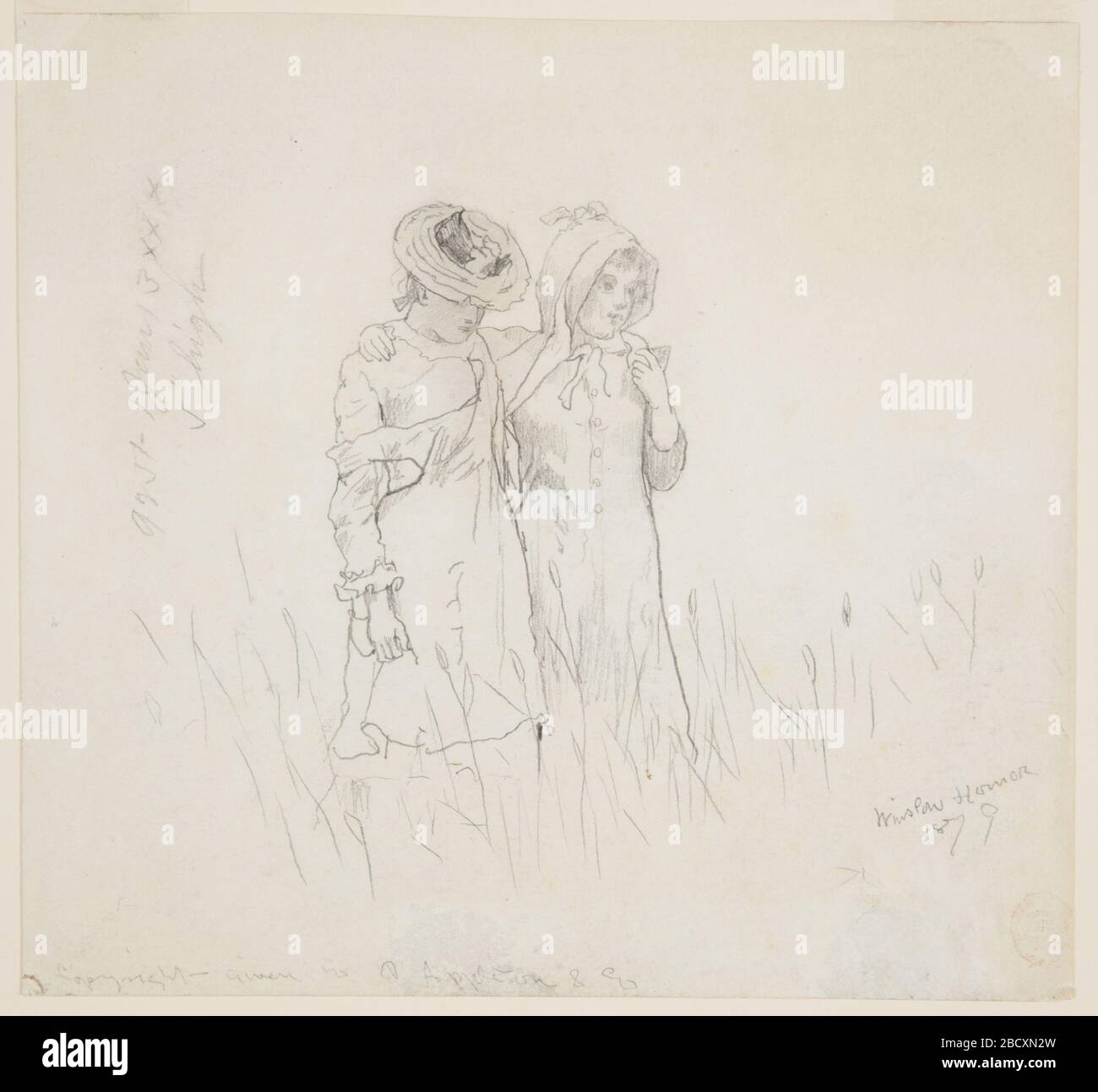 Two Girls in a Field. Two girls walk in a field, their arms around each ...