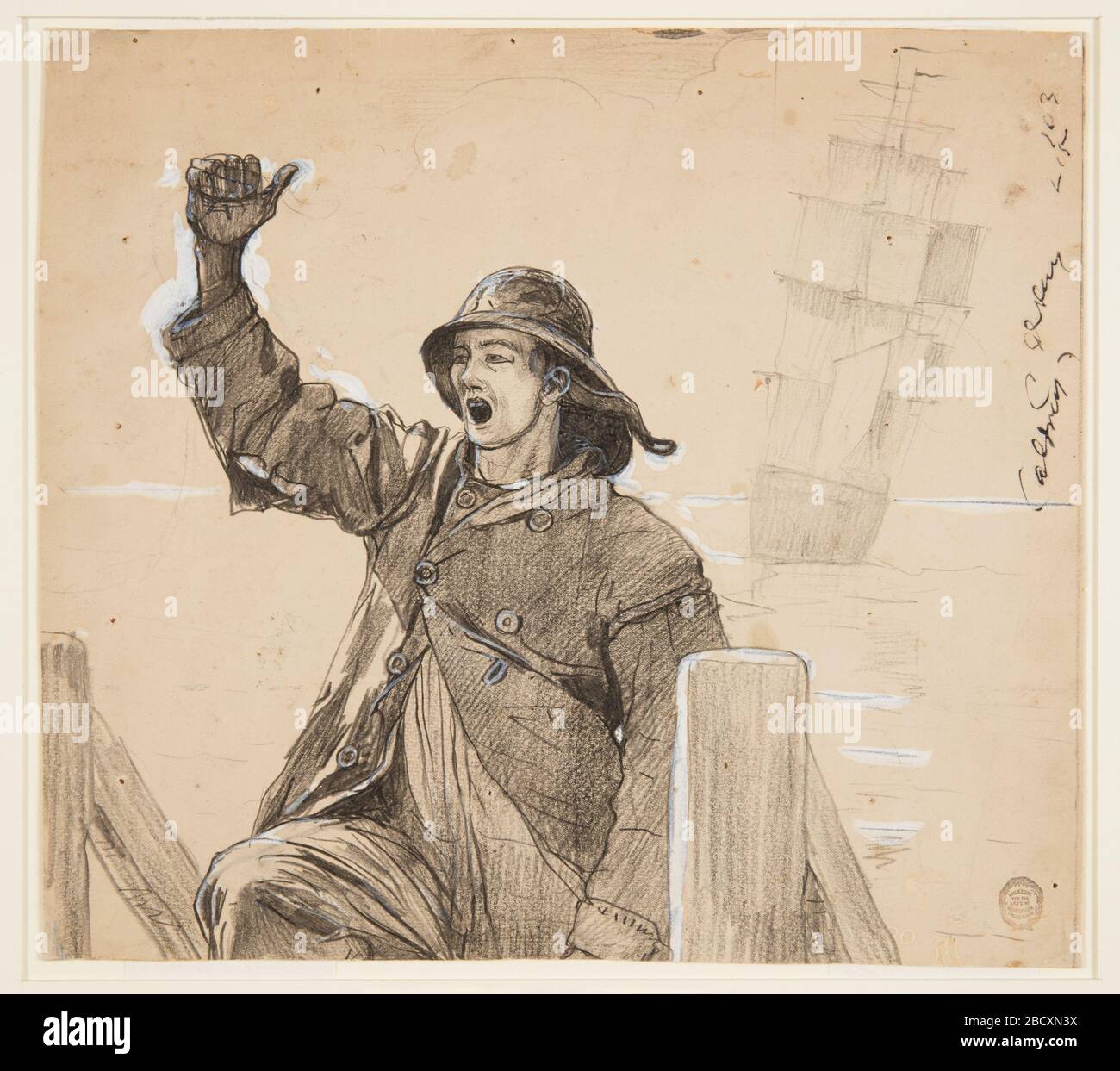 The Lookout. Research in ProgressHoriontal view of a sailor in sou'wester, mounting a companionway, with his right arm upraised; a sailing vessel in background. The Lookout Stock Photo