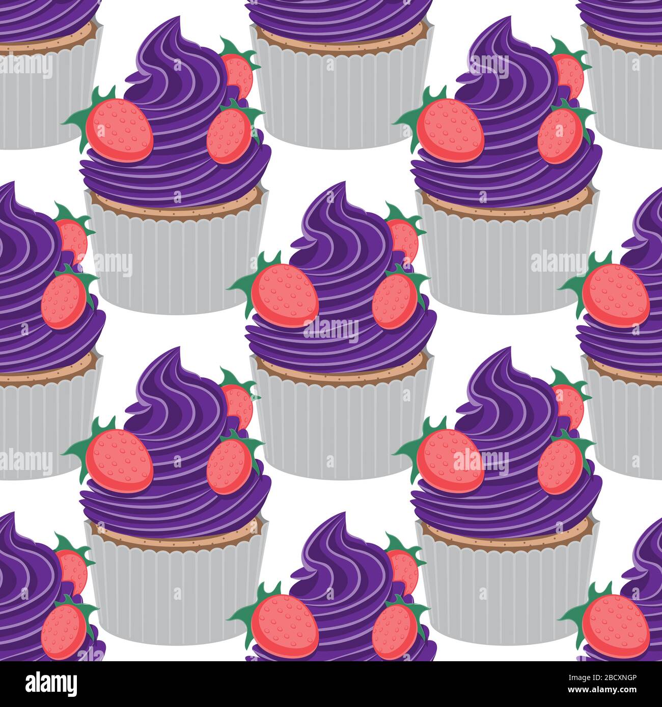 Seamless cupcake pattern with strawberries on a white background. Vector image Stock Vector