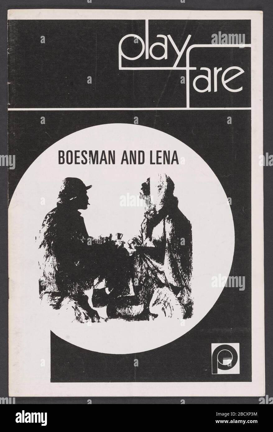 Theatre program for Boesman and Lena. Theater program for Boesman and Lena directed by John Berry. Black and white with drawing of two people sitting and facing each other. White circular sticker on back, handwritten 1970. [play/fare/BOESMAN AND LENA] Theatre program for Boesman and Lena Stock Photo