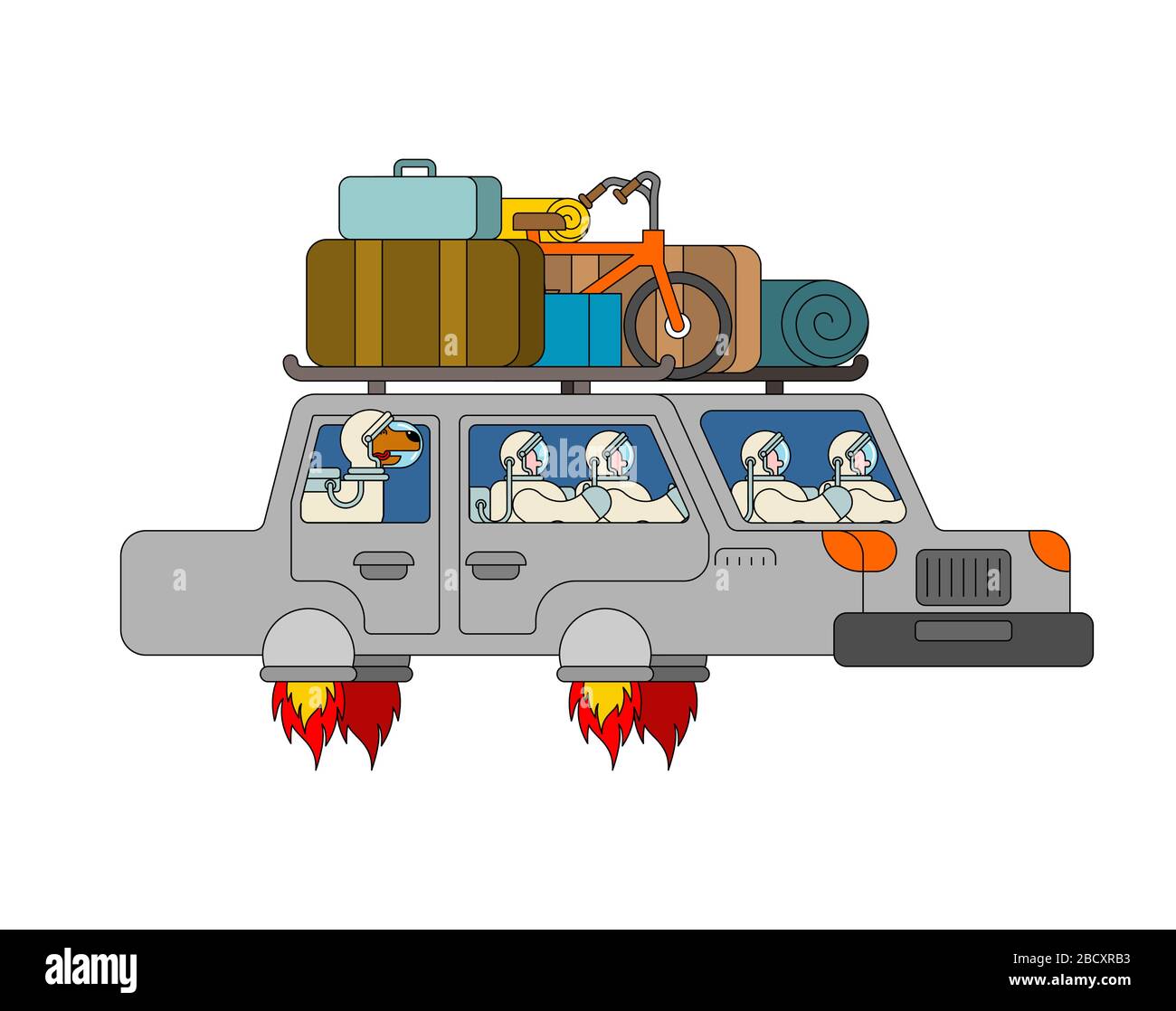 Space tourism. Astronaut in Flying car. Spaceship auto. Spaceman in Rocket automobile Stock Vector