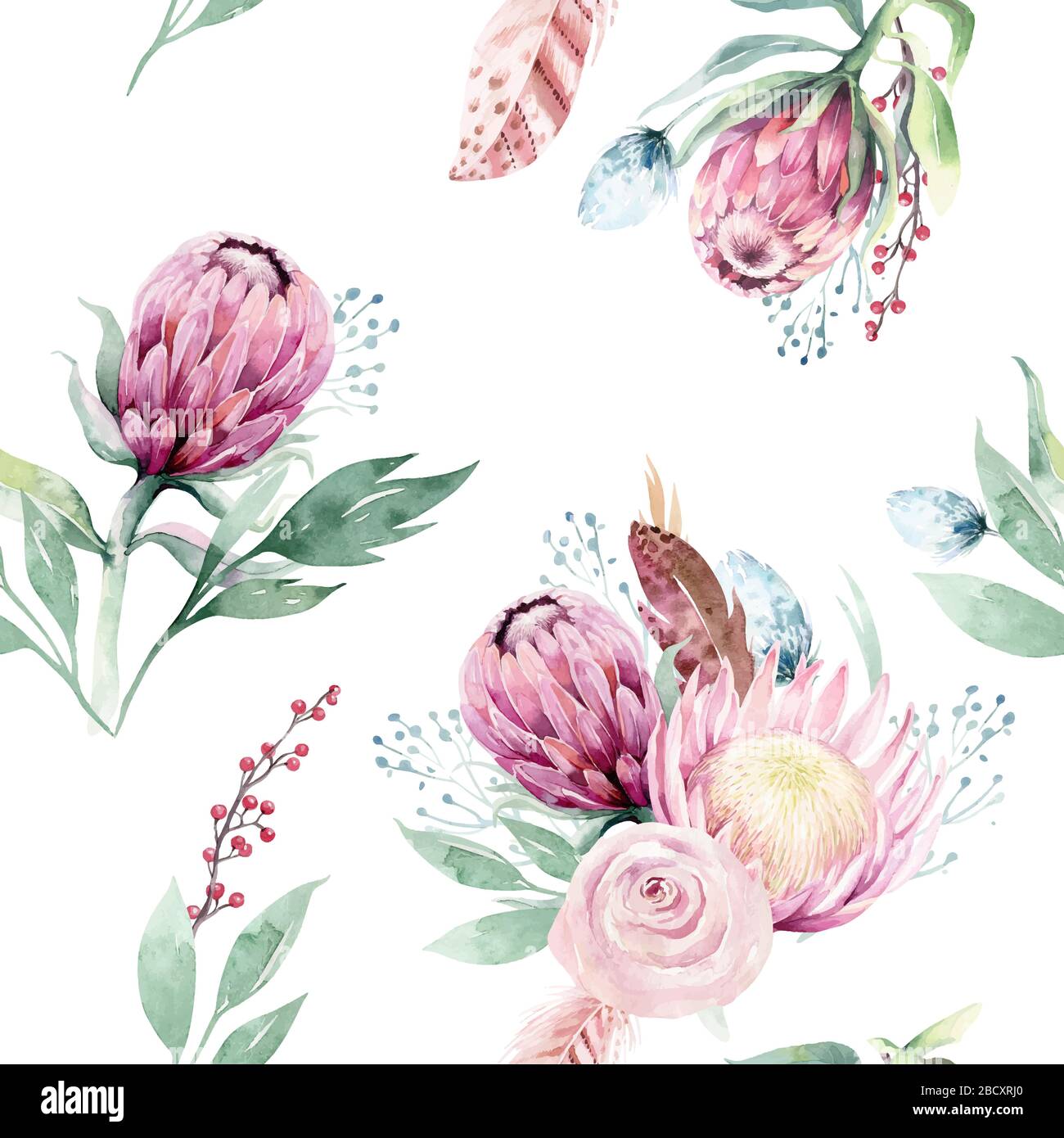 Watercolor protea seamless pattern. tropical leaves background. Textile