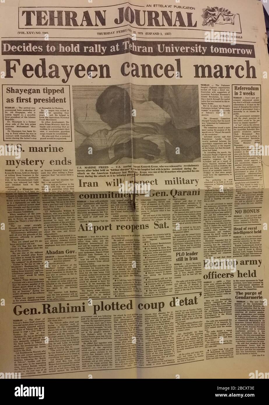 'English: Tehran Journal feb 23 1979; Taken on 14 May 2014 17:01:13; Photo of 1970 Tehran Journal; Tehran Journal; ' Stock Photo