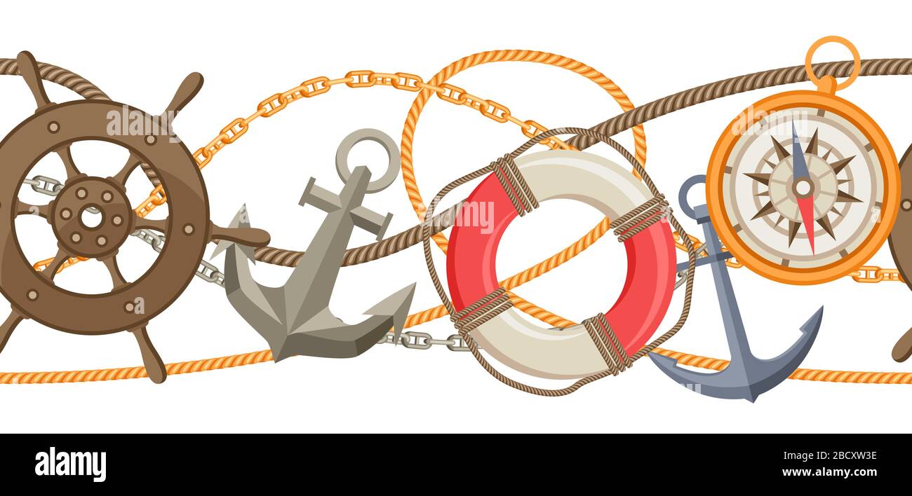 Nautical seamless pattern with sailing items, ropes and chains. Stock Vector