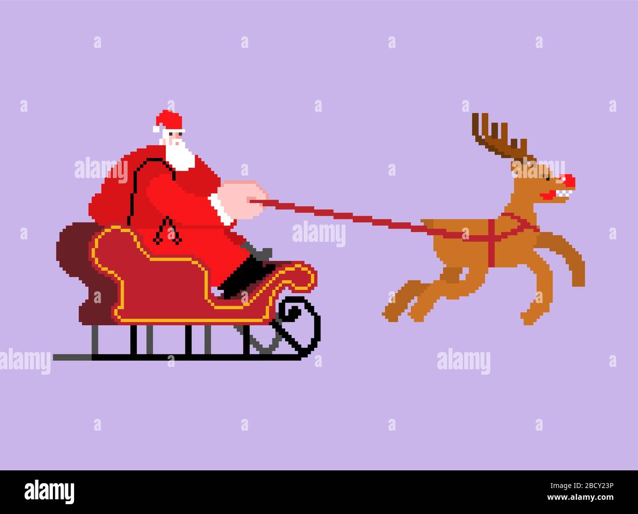 Santa in sleigh pixel art. 8 bit Christmas and New Year Vector Illustration Stock Vector