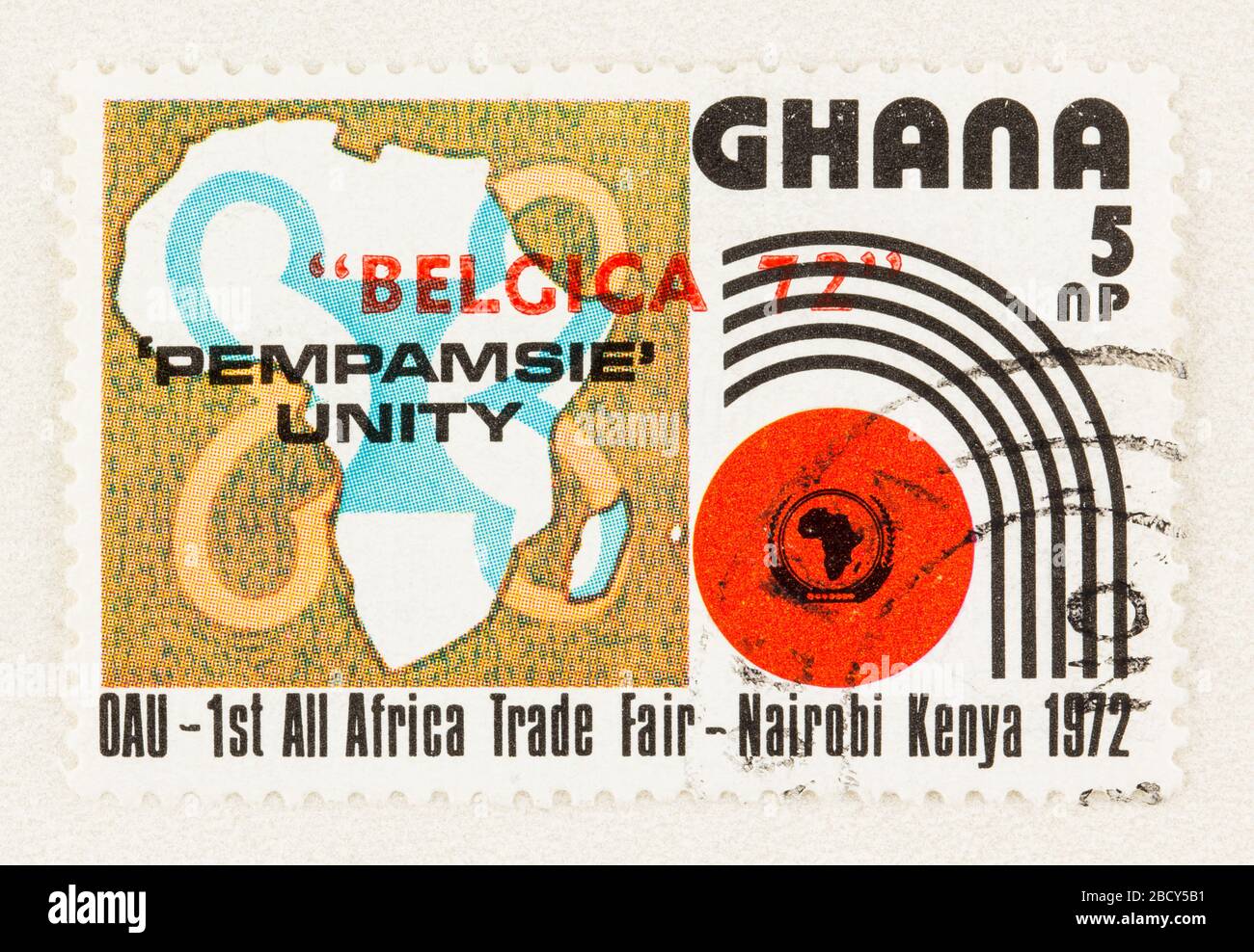 SEATTLE WASHINGTON - April 3, 2020: Close up of Ghana stamp, overprint with Belgica 72 and Pempamsie Unity,  commemorating the 1972 All African Trade Stock Photo