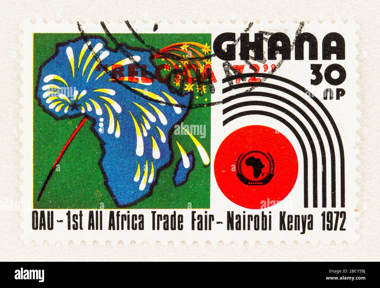 SEATTLE WASHINGTON - April 3, 2020: Close up of Ghana stamp, overprint with Belgica 72,  commemorating the 1972 All African Trade Fair in Kenya. Scott Stock Photo