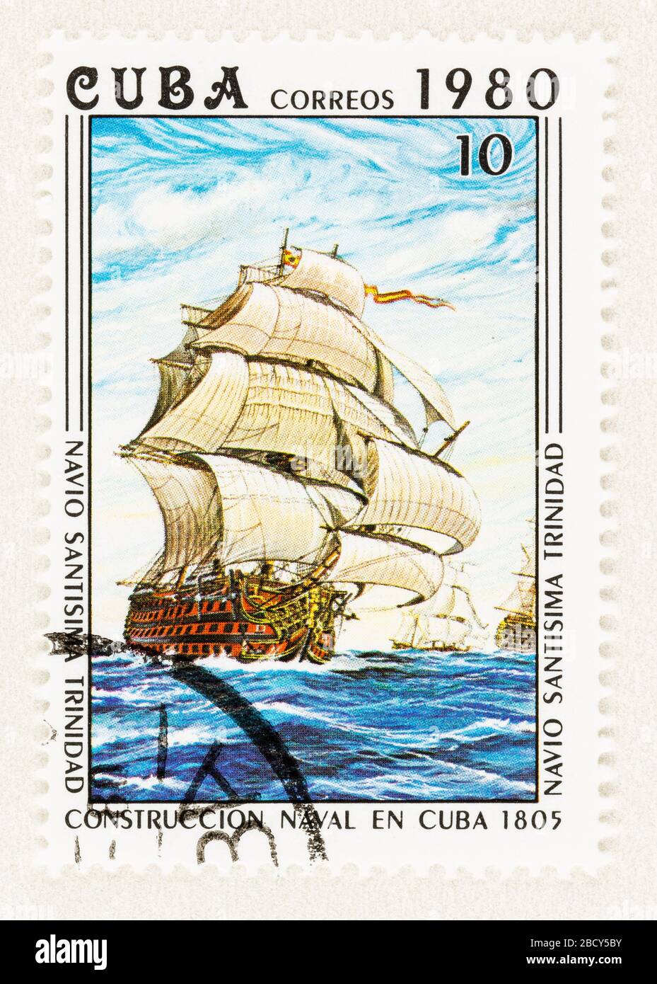 SEATTLE WASHINGTON - April 2, 2020: Close up of historic Santisima Trinidad ship on Cuban postage stamp. Scott # 2349 Stock Photo