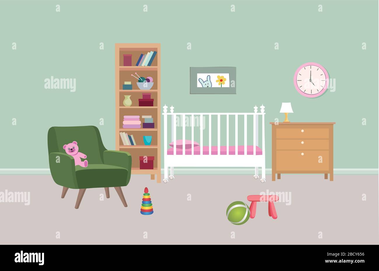 Bedroom interior background. Baby bedroom colored art. Kid room