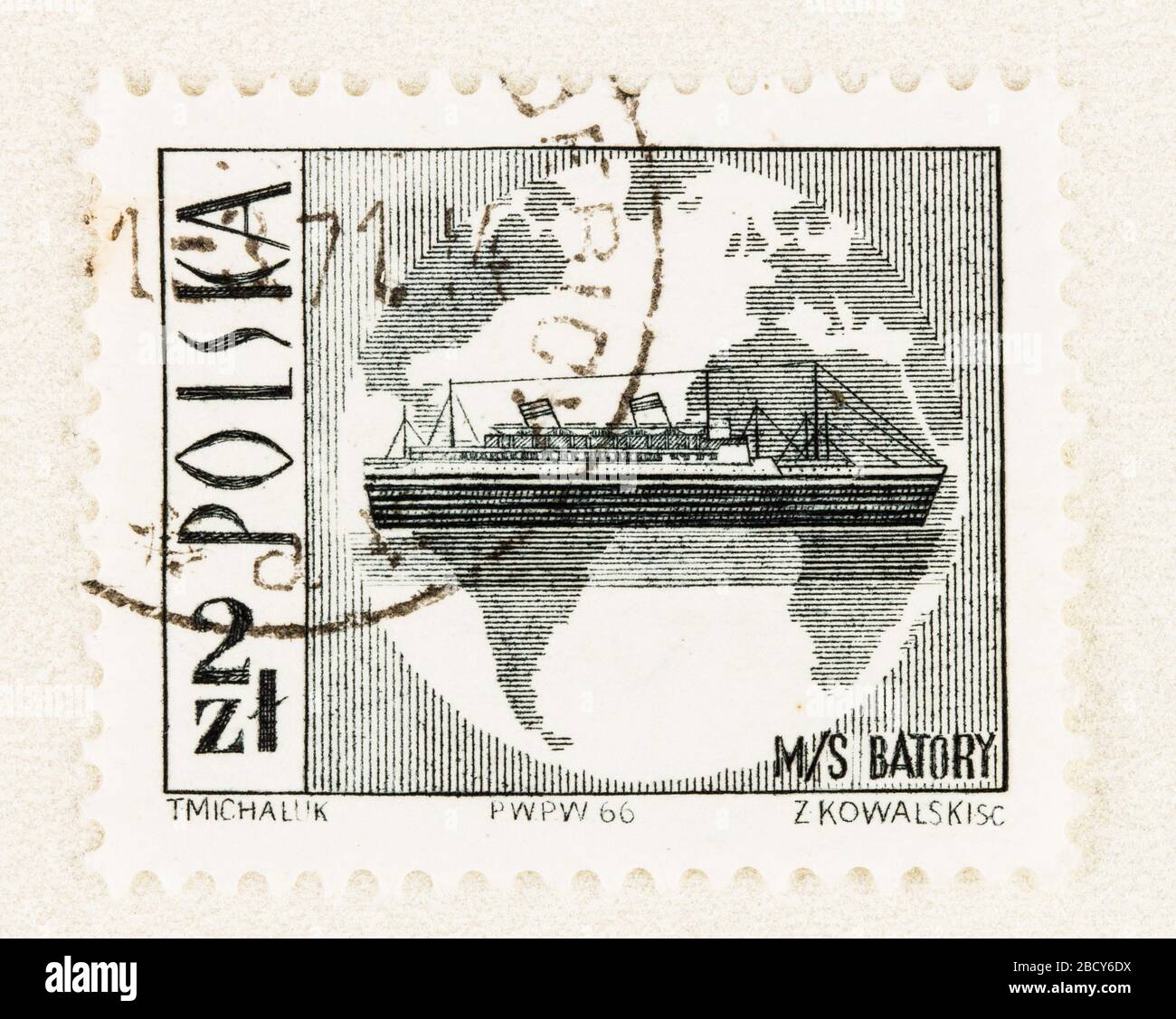 SEATTLE WASHINGTON - April 3, 2020: Close up of 1966 Poland stamp featuring M/S Batory ship against globe background.   Scott # 1447 Stock Photo