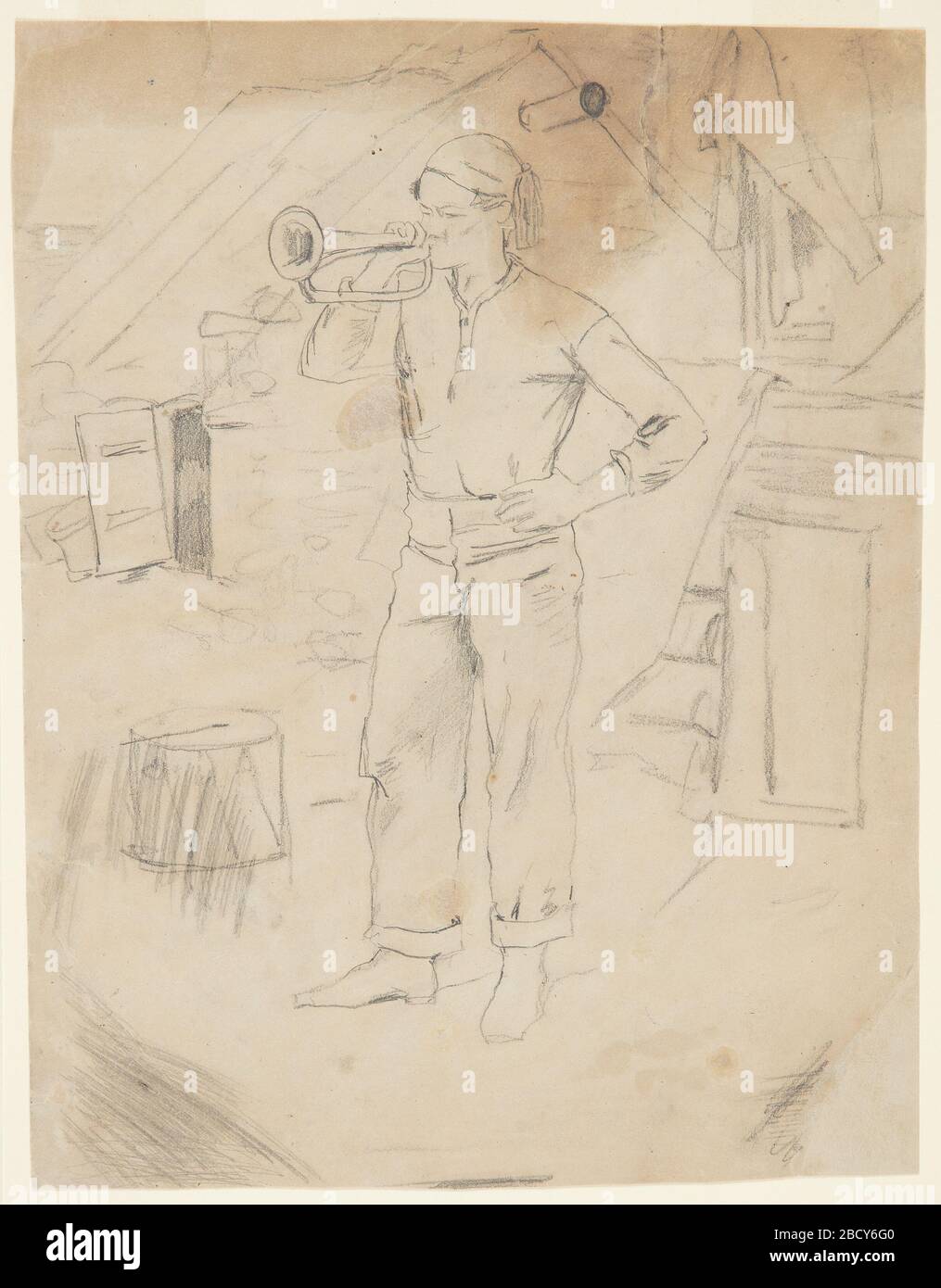 Man Wearing Zouaves Cap. Research in ProgressRecto: Vertical view of a man wearing a Zouave's cap and blowing a bugle.Verso: Figures of women and a flight of steps. Man Wearing Zouaves Cap Stock Photo