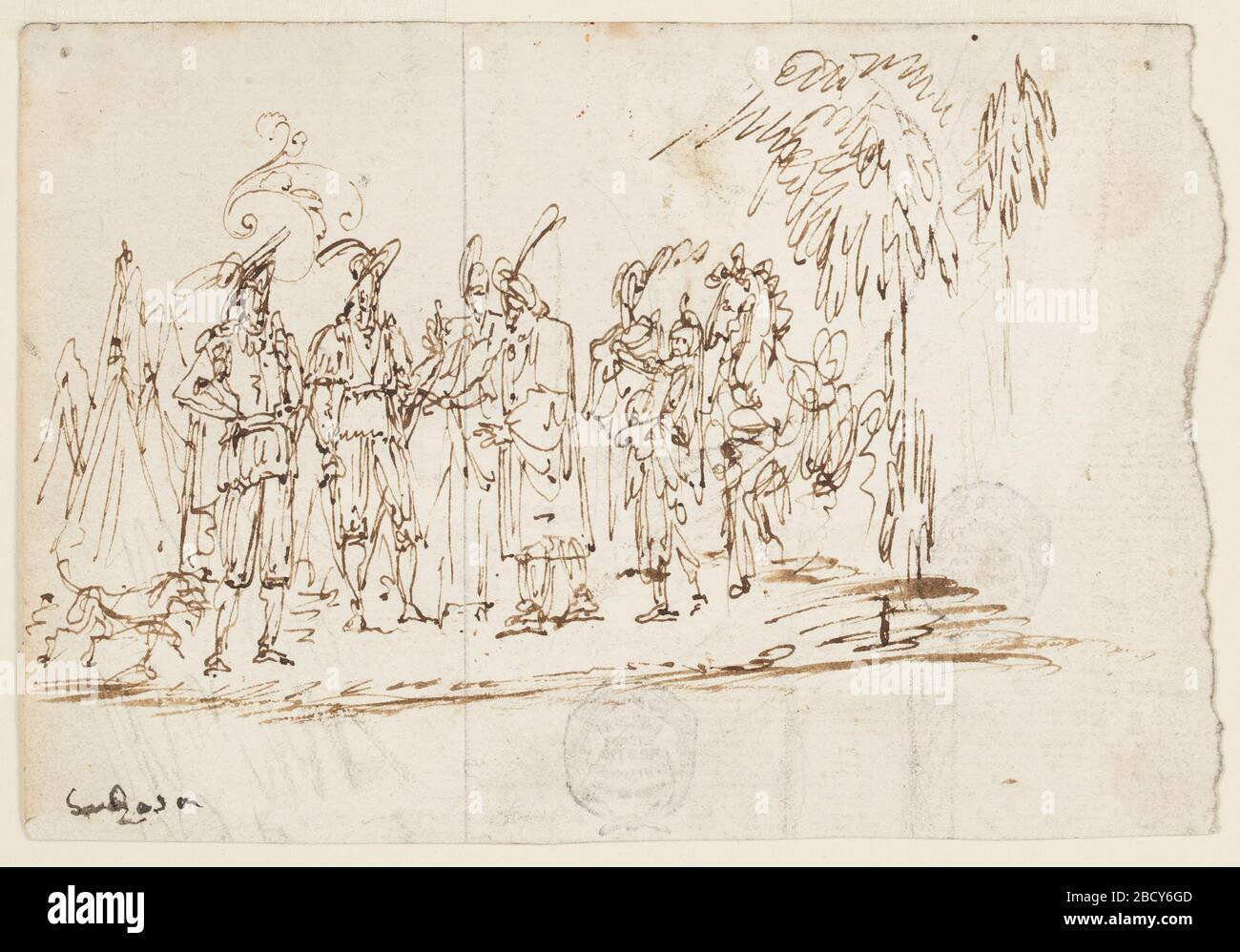 Sketch An Oriental Visit. Research in ProgressHorizontal composition with a man in a turban followed by two women, and a servant carrying something, approaching two European warriors in their camp. Sketch An Oriental Visit Stock Photo