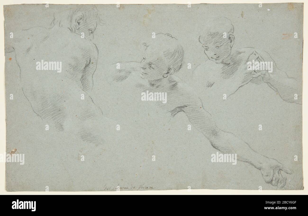 Figure Studies. Research in ProgressRecto: three sketches of the upper parts of male nudes, one shown frontally, left arm extended, one with hands clasped, and the third, from the back, seated. Verso: reclining male nude, lying on his right side; sketch of a foot. Figure Studies Stock Photo
