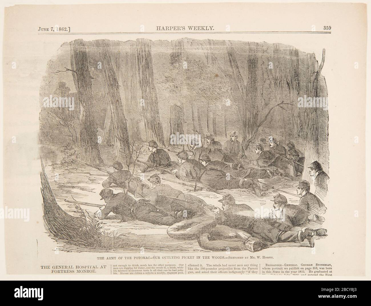 The Army of the Potomac Our Outlying Picket in the Woods. Research in ProgressSoldiers lying in the woods with rifles aimed. Upper half of the page. The Army of the Potomac Our Outlying Picket in the Woods Stock Photo