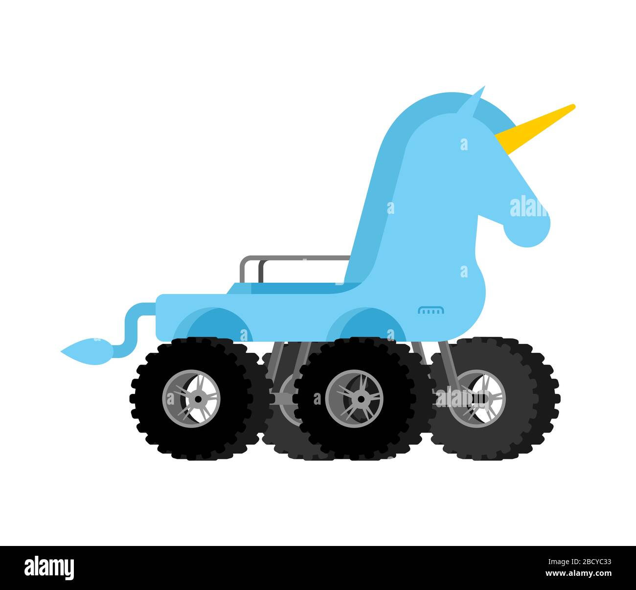 Monster Truck unicorn. Cartoon car animal on big wheels. vector