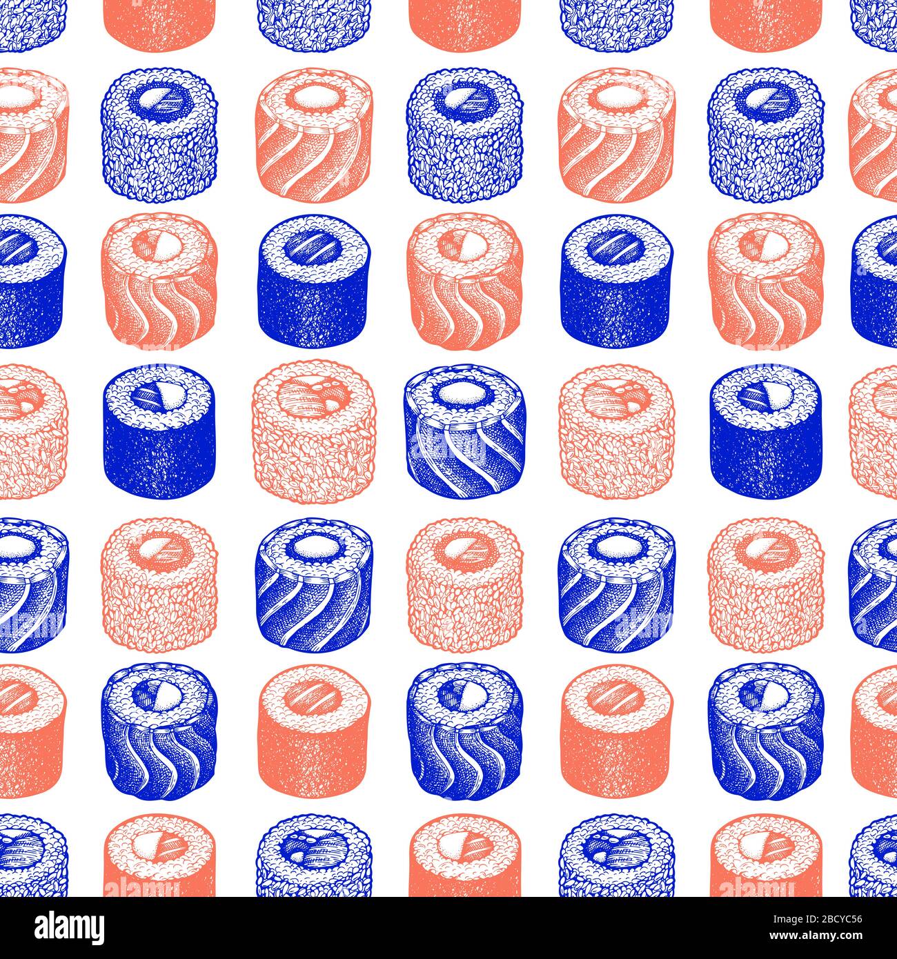 Sushi seamless pattern. Hand drawn vector illustrations. Japanese ...
