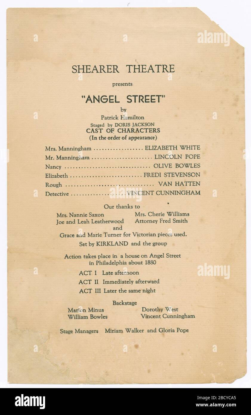 Cast list for the Shearer Players production of Angel Street. A program for the play 'Angel Street' as performed by the Shearer Players led by Liz White consisting of black printed text on white paper. The show's original name is 'Gas Light' but is known in the United States as 'Angel Street.'Transcribed by digital volunteers Cast list for the Shearer Players production of Angel Street Stock Photo