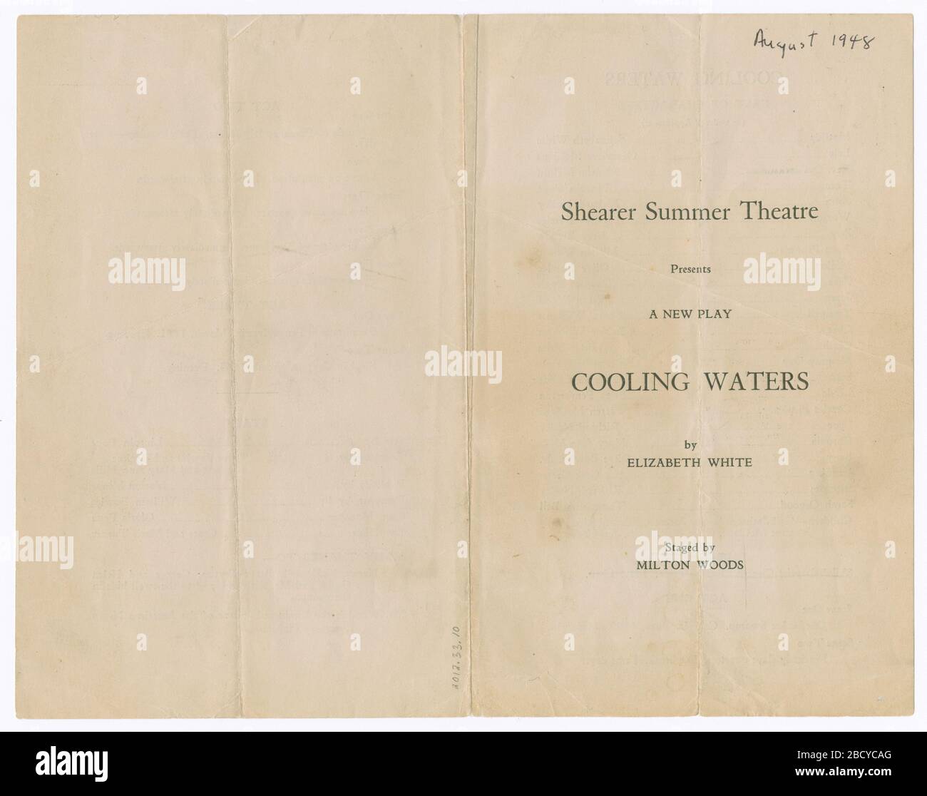 Program for Shearer Summer Theatres production of Cooling Waters. A program for the play 'Cooling Waters' by Liz White. The program consists of black printed text on yellowed paper and has an assortment of creases and tears.Transcribed by digital volunteers Program for Shearer Summer Theatres production of Cooling Waters Stock Photo