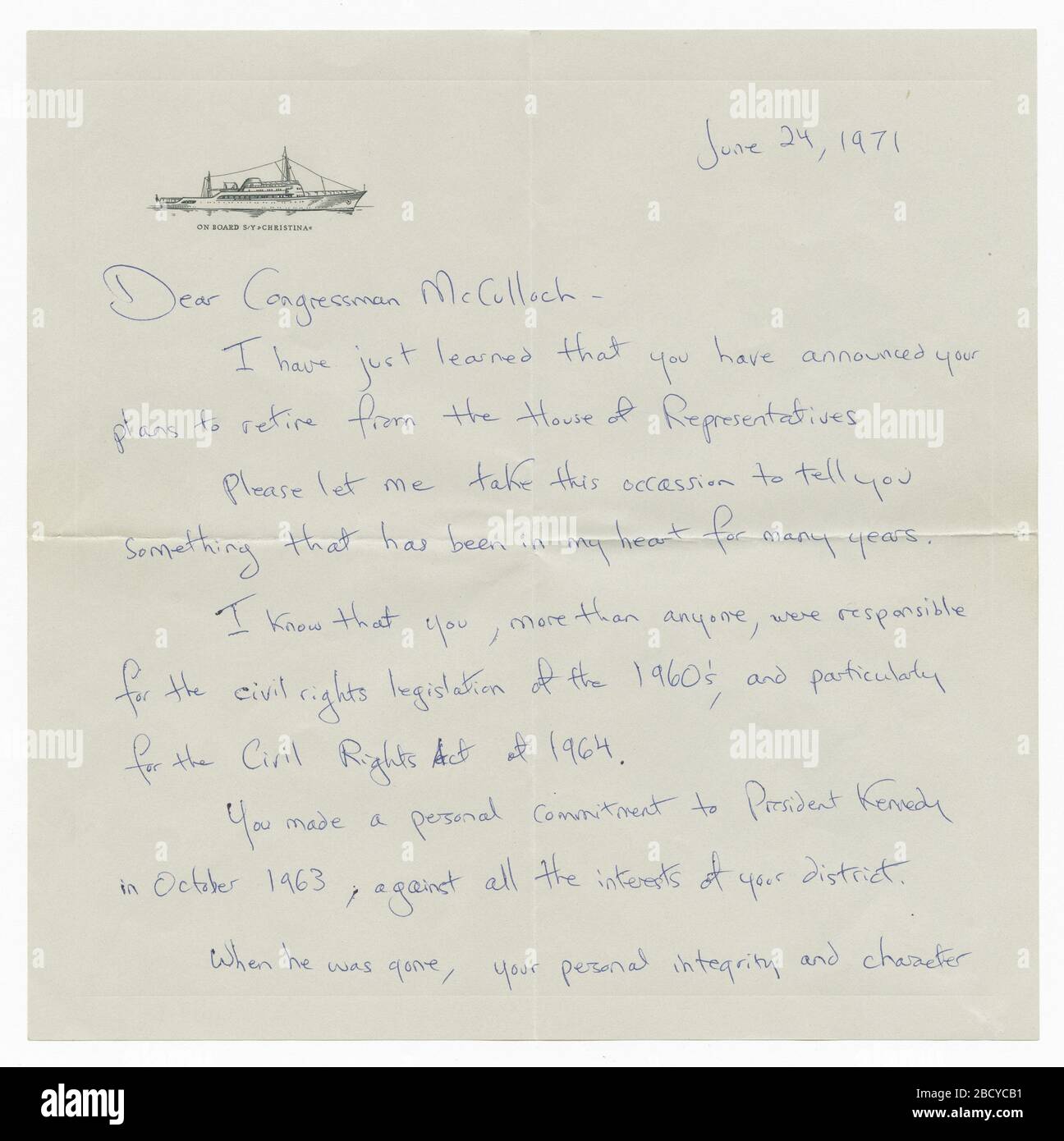 Letter from Jacquelyn Kennedy Onassis to Congressman William McCulloch. This three-page letter (abc) and envelope (d) from Jacquelyn Kennedy Onassis is addressed to Congressman William McCulloch of Ohio. Onassis thanks him for his support of the Civil Rights Act of 1964 and for supporting her husband, President John. F. Kennedy. Letter from Jacquelyn Kennedy Onassis to Congressman William McCulloch Stock Photo