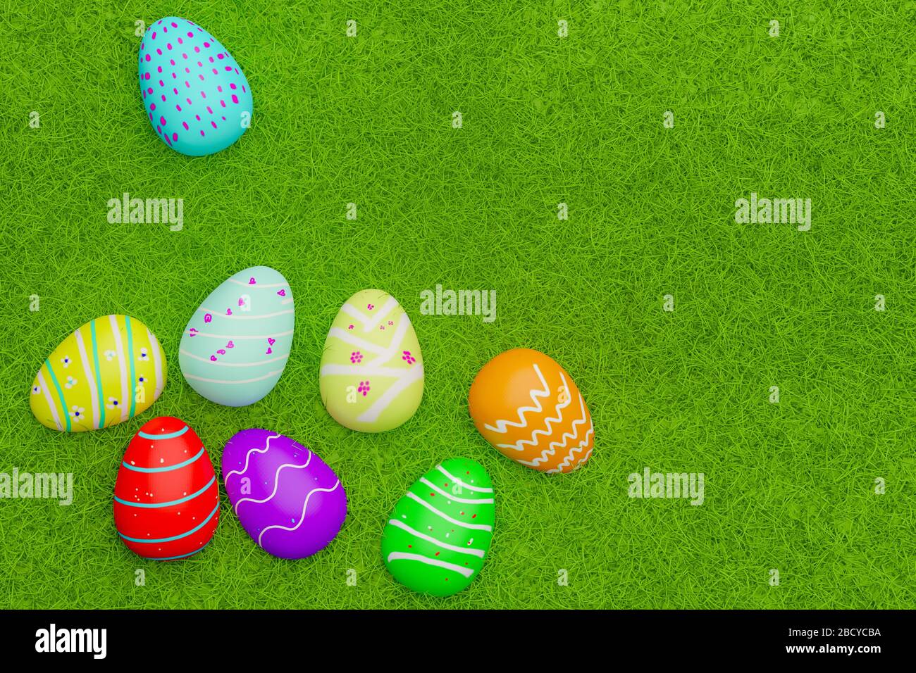 top view of full color easter eggs on grass field, 3D render Stock ...