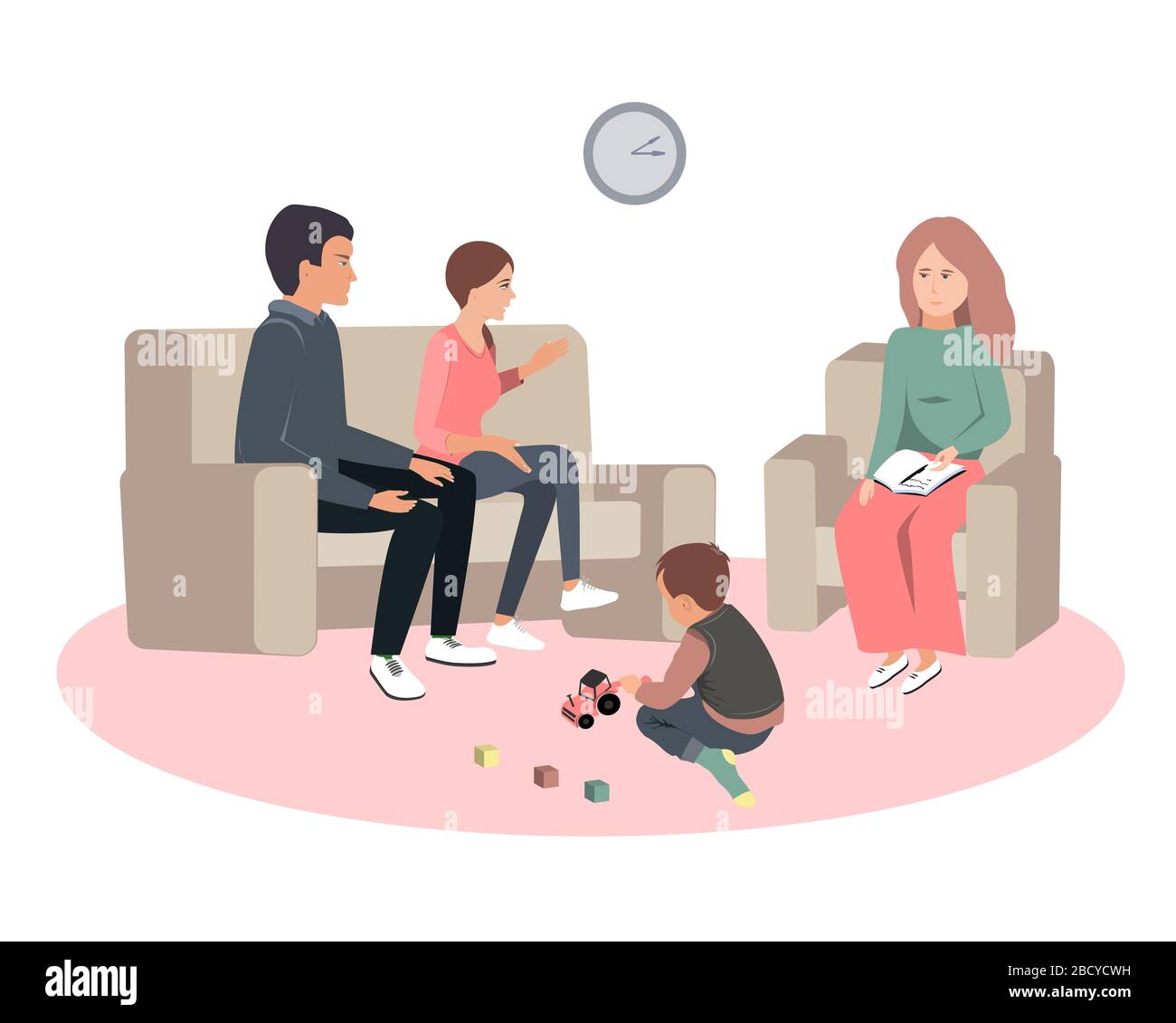 Caring parents and misbehaving boy during therapy session with psychologist counselor. Vector illustration Stock Vector