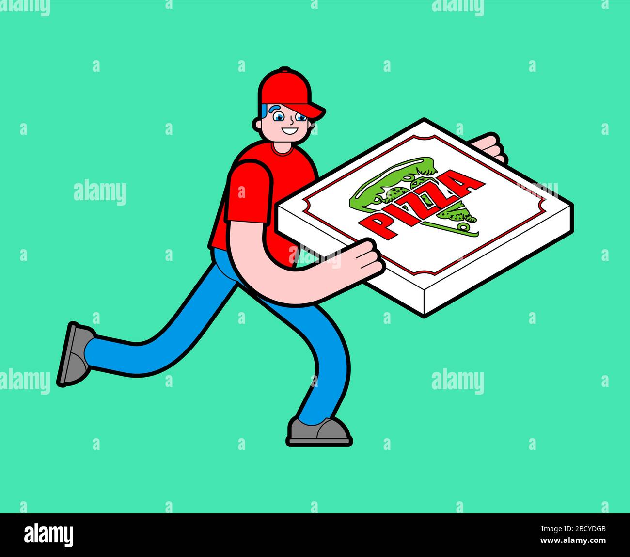 Pizza delivery run isolated. Man runs with pizza box. vector