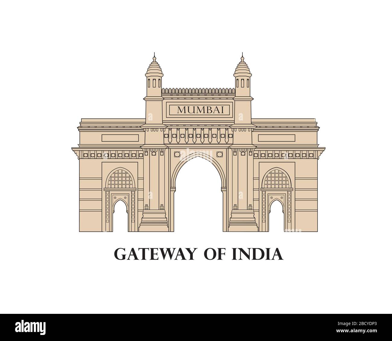 India, Mumbai city. Indian gateway famous landmark. Travel Asia icon. Indian city symbol. Line art Stock Vector