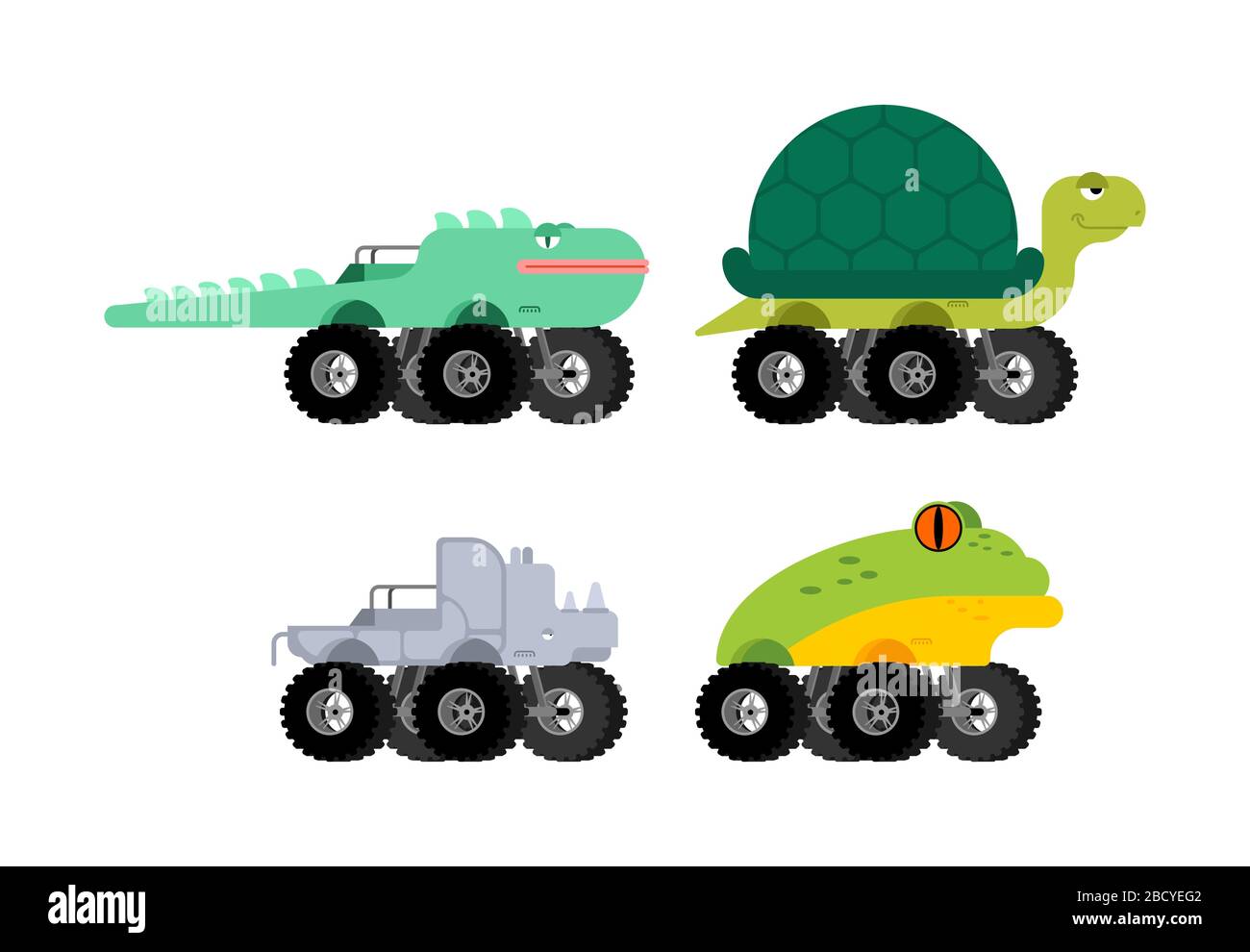 Monster Truck animal set. Cartoon car beast on big wheels. vector