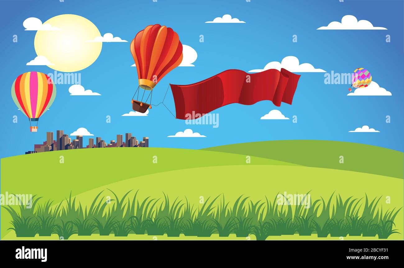 hot air balloon is flying near the city garden Stock Vector