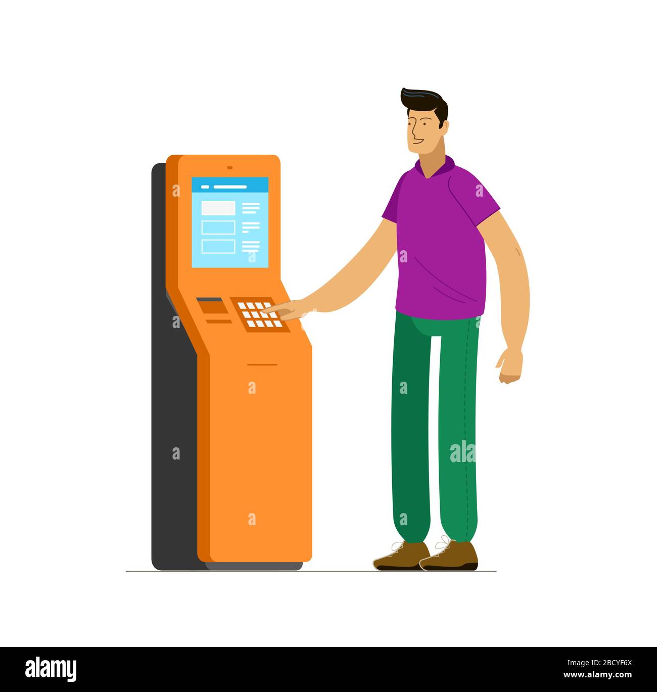 Man at information terminal stand. Business vector illustration Stock Vector