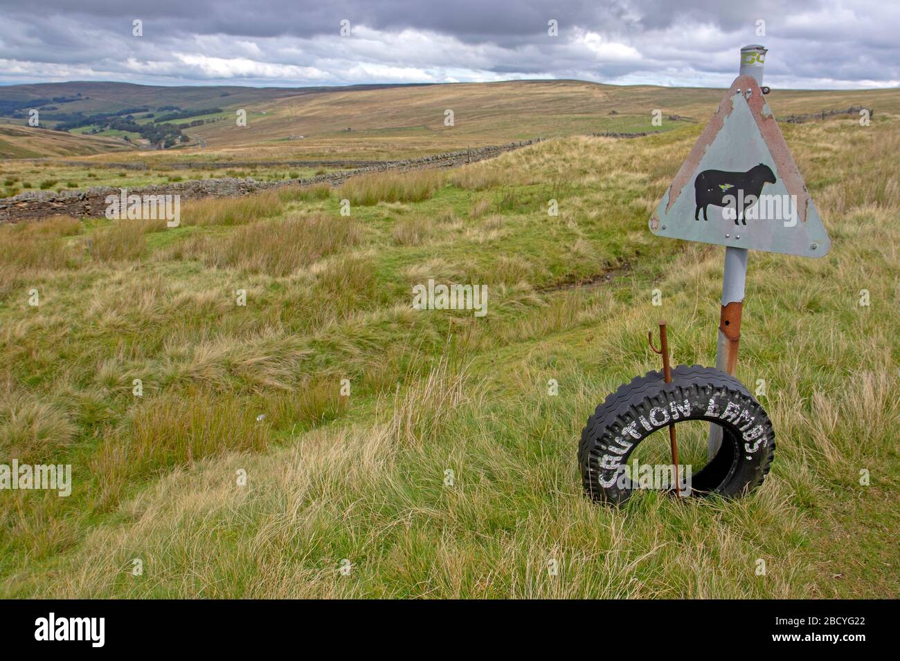 Lamb warning notice in the moors of the Pennines Stock Photo