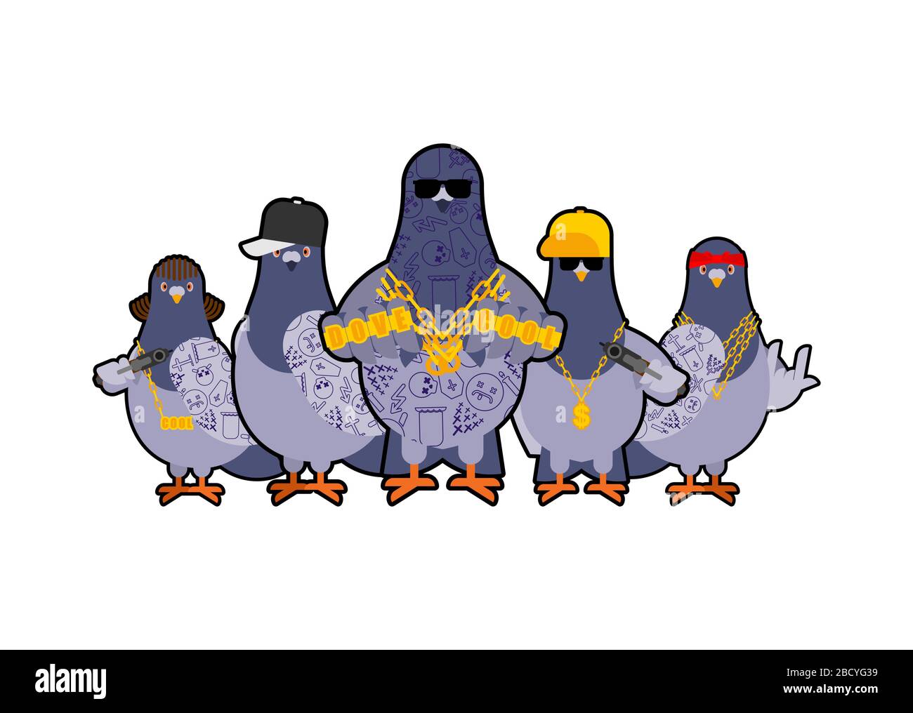 Pigeon gangster gang set. Cool City bird. SWAG gangsta. Pigeon guy rapper Stock Vector