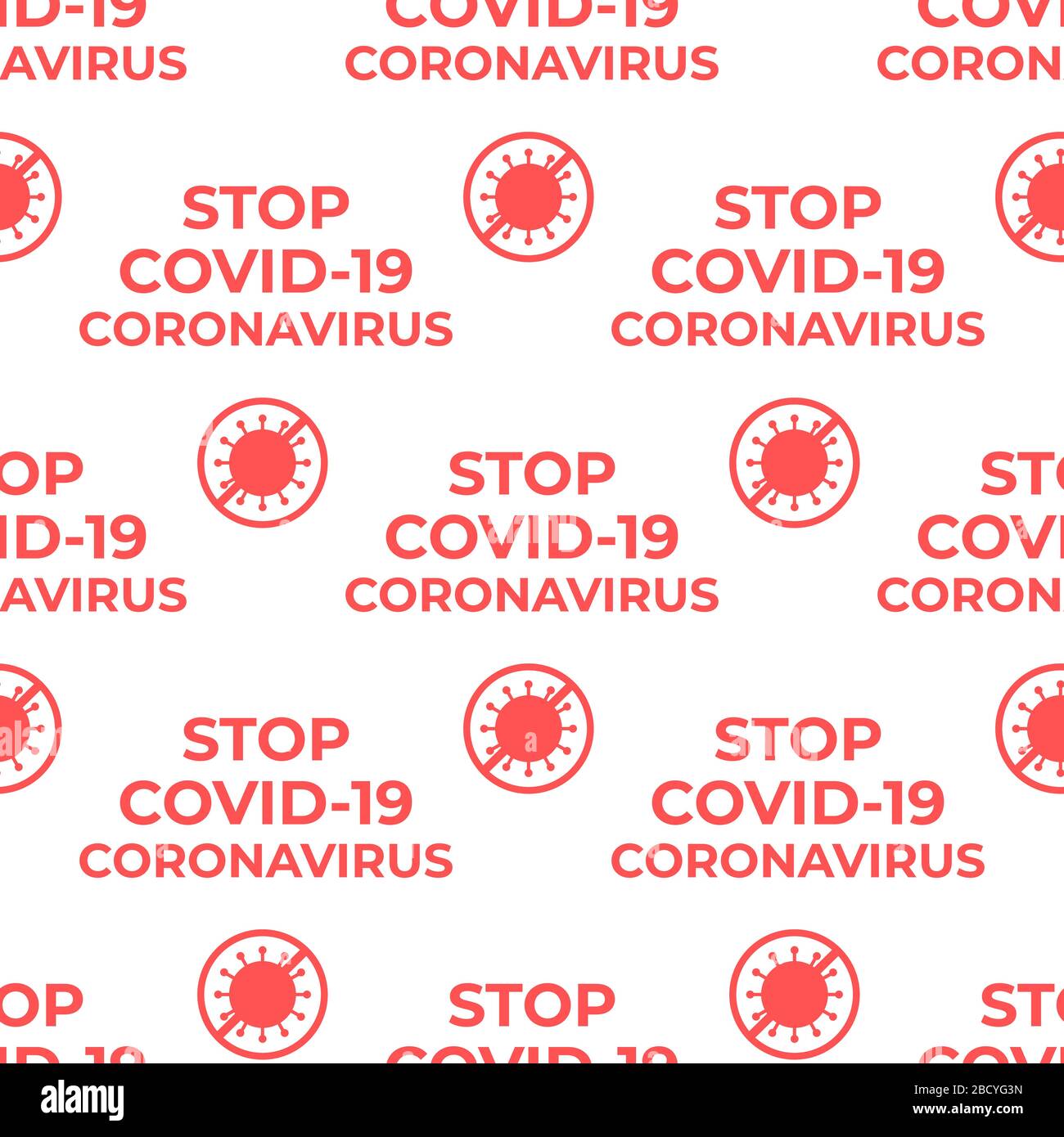 Seamless pattern STOP COVID-19 CORONOVIRUS. Vector Surface texture design red text on white background. Coronavirus icon. Stock Vector