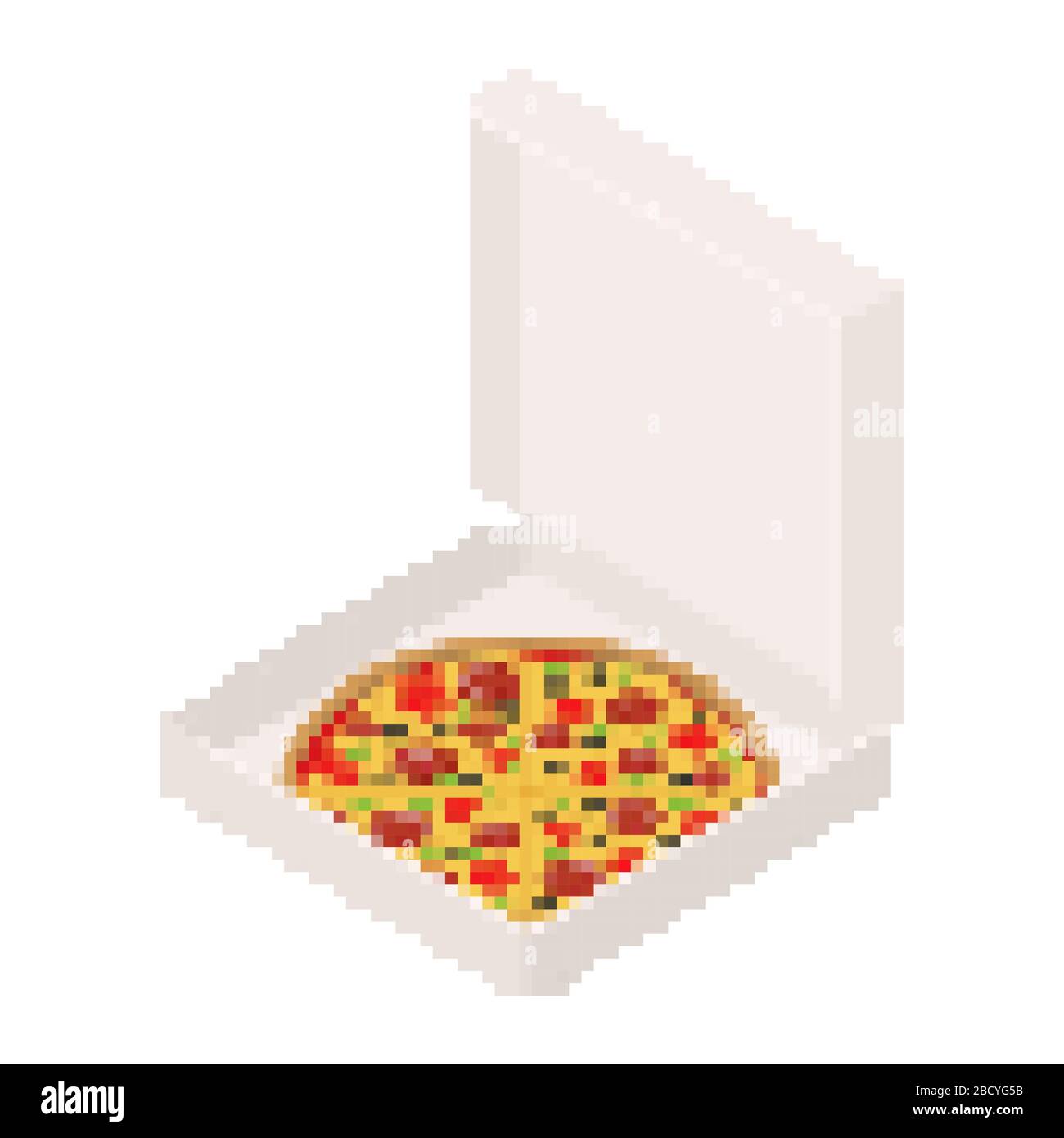 Pizza in box open pixel art. 8 bit Fastfood vector illustration Stock